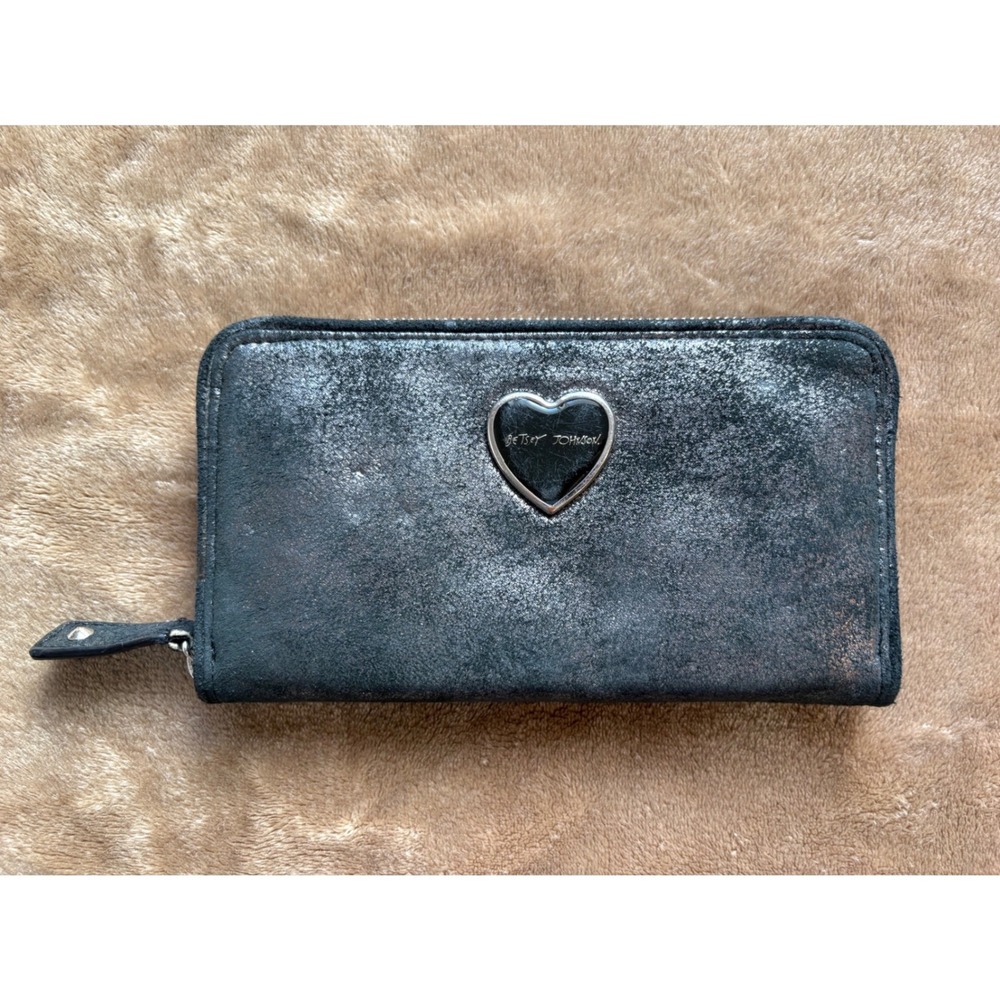 Betsey Johnson Metallic Black Distressed Zip Around Heart Wallet Leopard Print